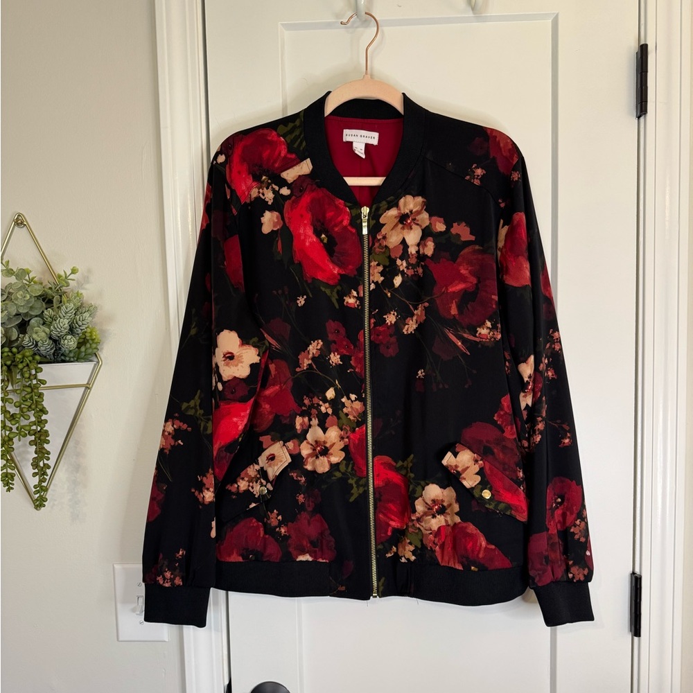 Susan Graver Black Floral Bomber Jacket with Red & Cream Flowers